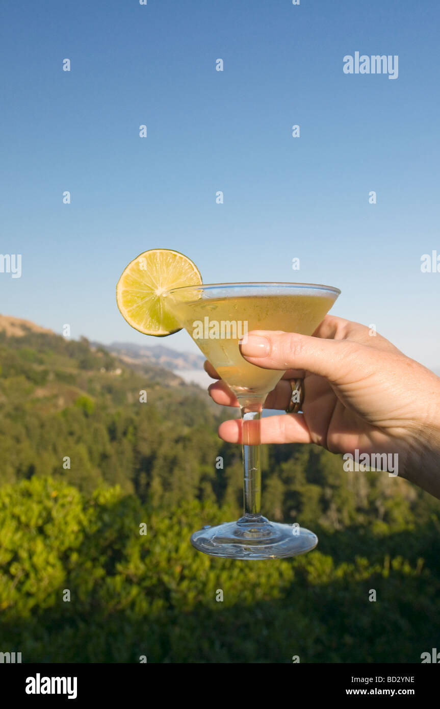 Cocktail im Nepenthe Restaurant mit Blick auf die Küste von Big Sur, Kalifornien Stockfoto