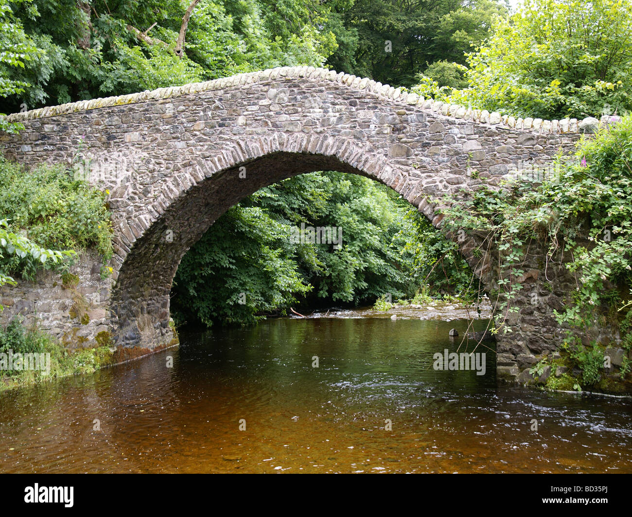 Die Cuddy Brücke alte schmale Stein Brücke über den Fluss Leithen Wasser in Innerleithen auf der alten Straße fuhr. Stockfoto