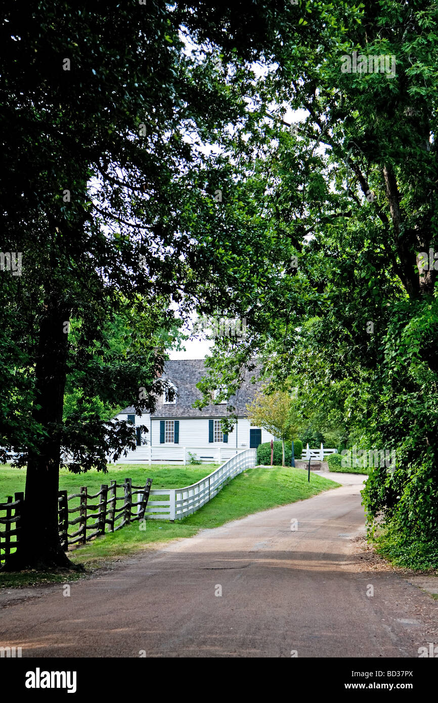 Auffahrt, umgeben von Bäumen neben Wiese, umgeben von einem weißen Zaun in Richtung eines weißen kolonialer Bauernhaus Stockfoto