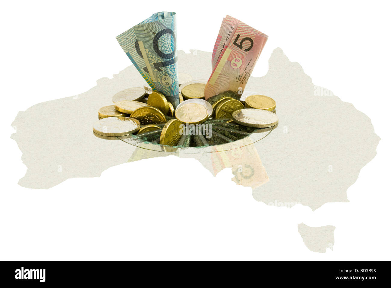 Australische Finanzkrise Konzept mit Münzen und Banknoten runter australische stilisierte isoliert auf weiss Stockfoto