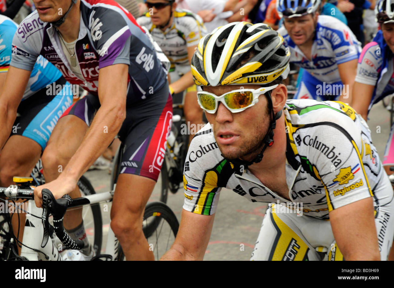 Mark Cavendish: Tour de France 2009, nähert sich des Gipfels des Col De La Colombiere. Stockfoto