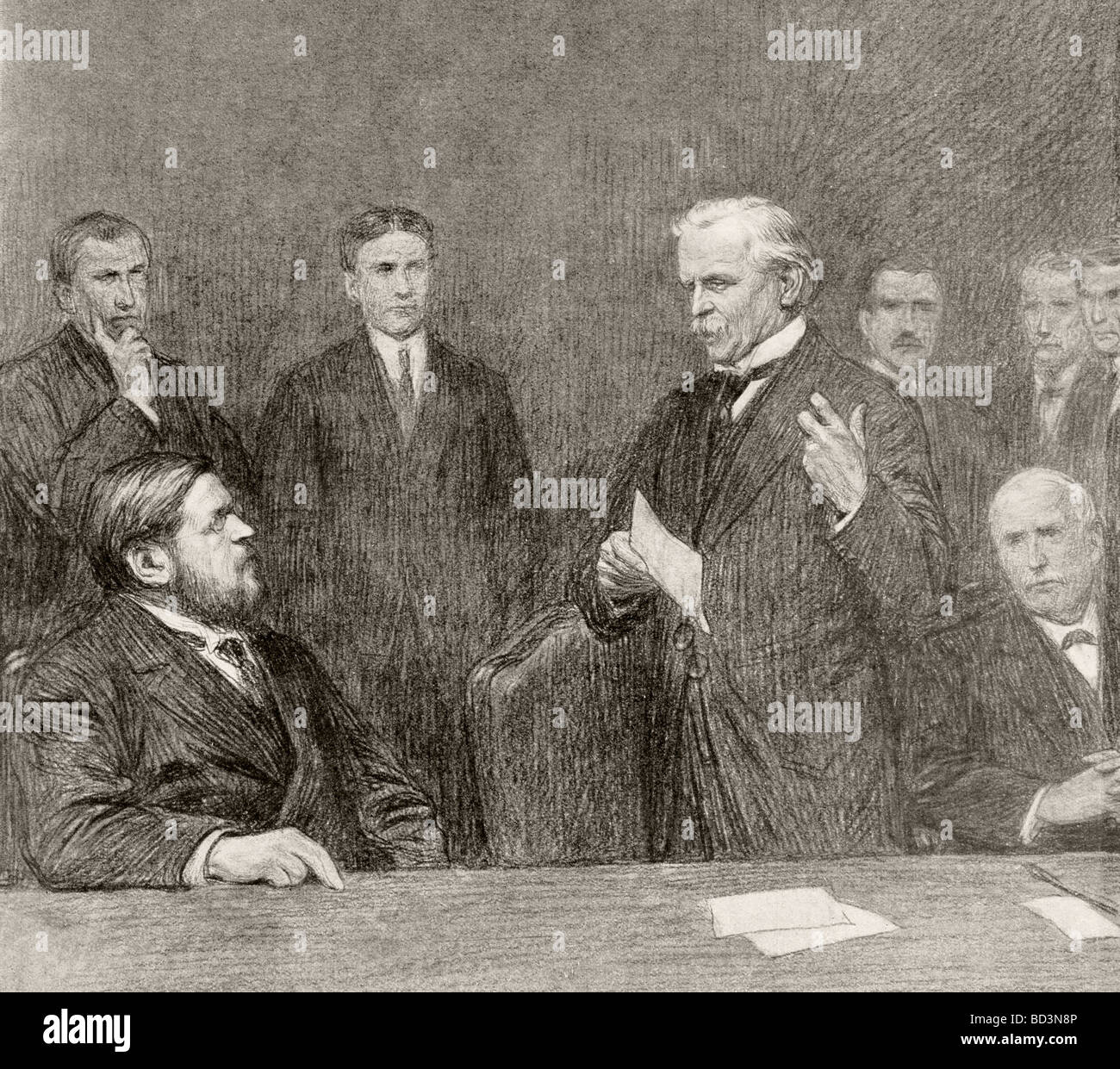 Lloyd George spricht mit Vertretern der Gewerkschaften und der französischen ex-Minister Bewaffnung Albert Thomas. Stockfoto