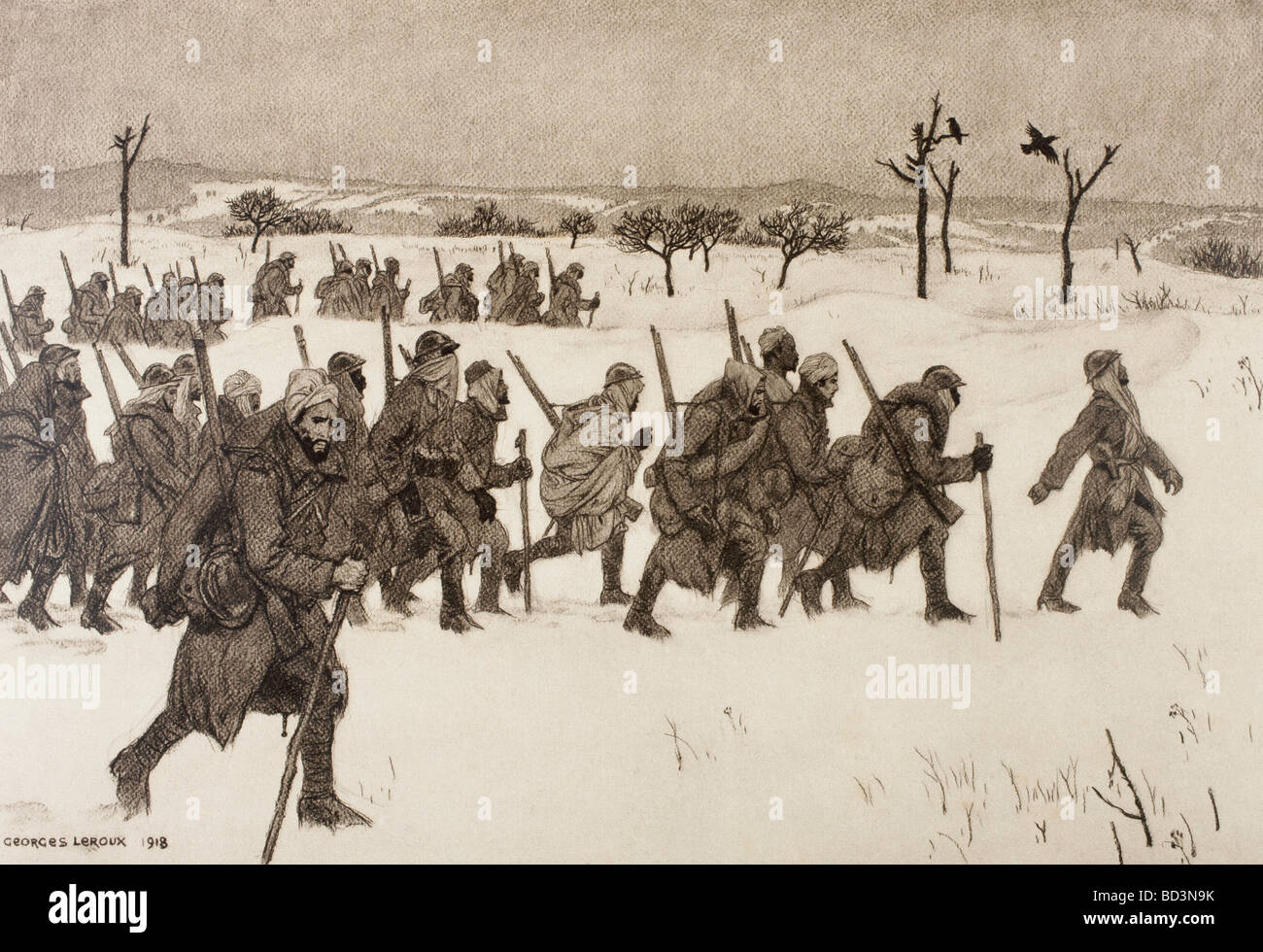 Marokkanische Soldaten voran durch den Schnee an der Front während des ersten Weltkrieges. Stockfoto