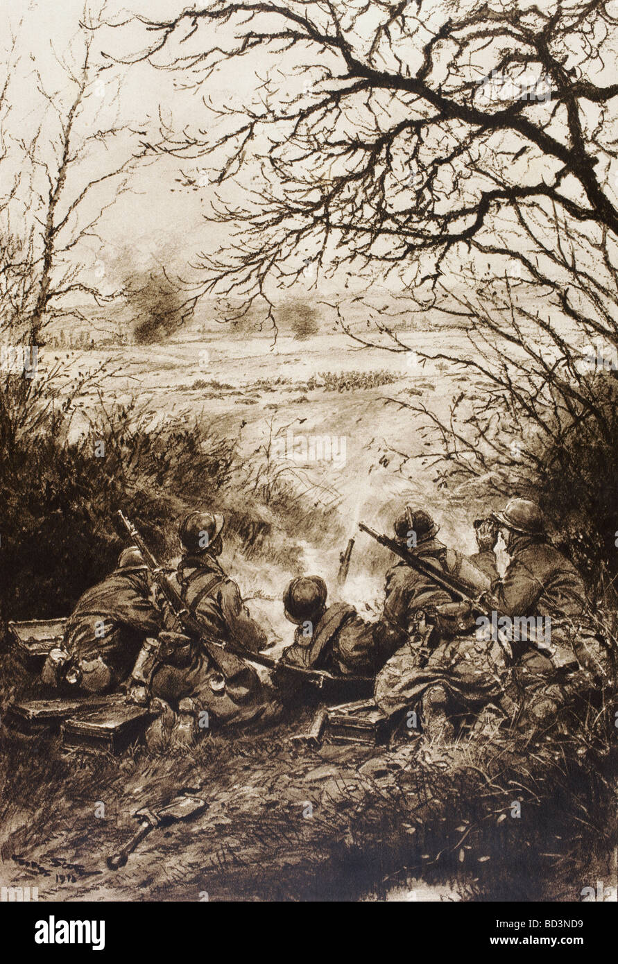 Französische Soldaten das Feuer auf die vorrückenden deutschen Truppen während des ersten Weltkrieges. Stockfoto