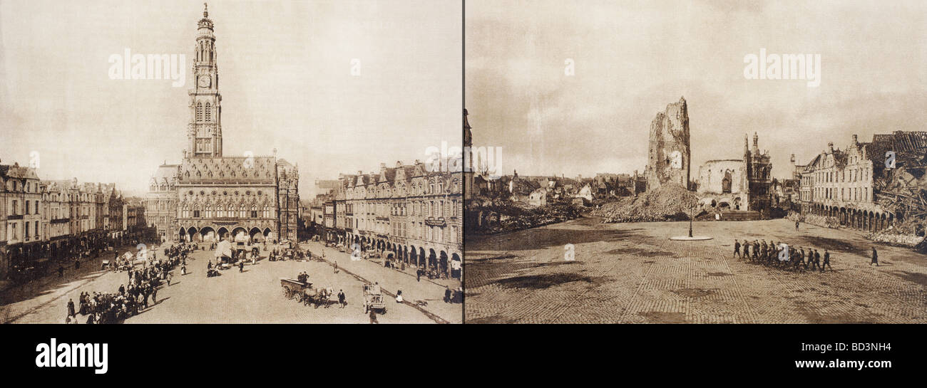 Arras, Frankreich. Das Rathaus in der Petite Ort vor und nach der Schlacht von Arras im ersten Weltkrieg. Stockfoto