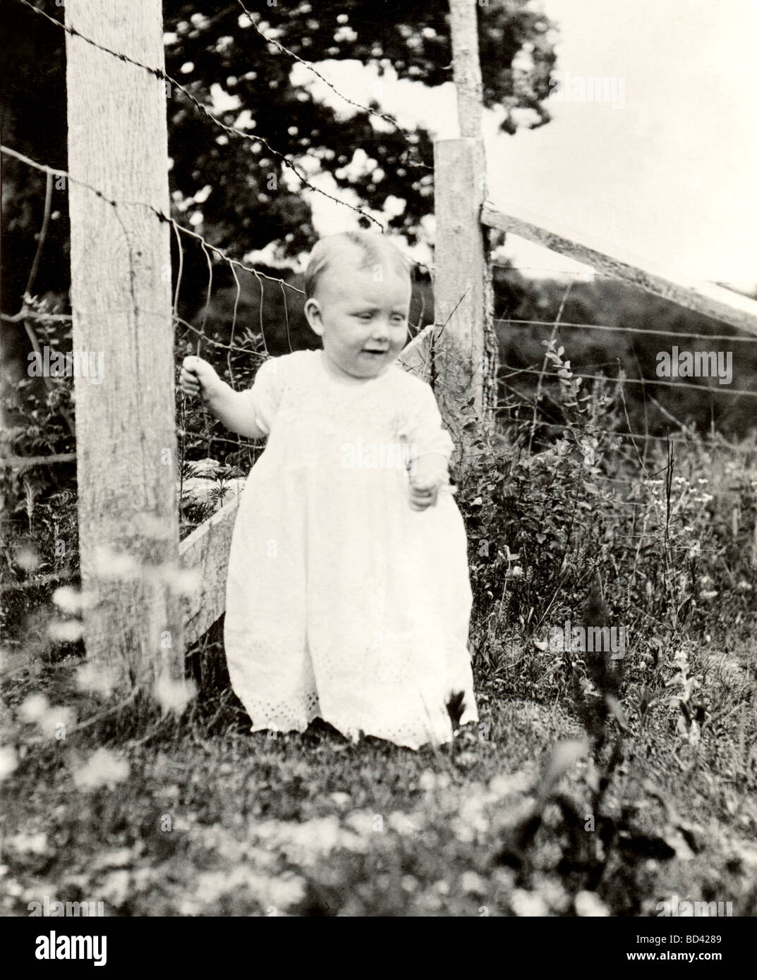 Unglücklich Baby im Feld eingezäunt Stockfoto