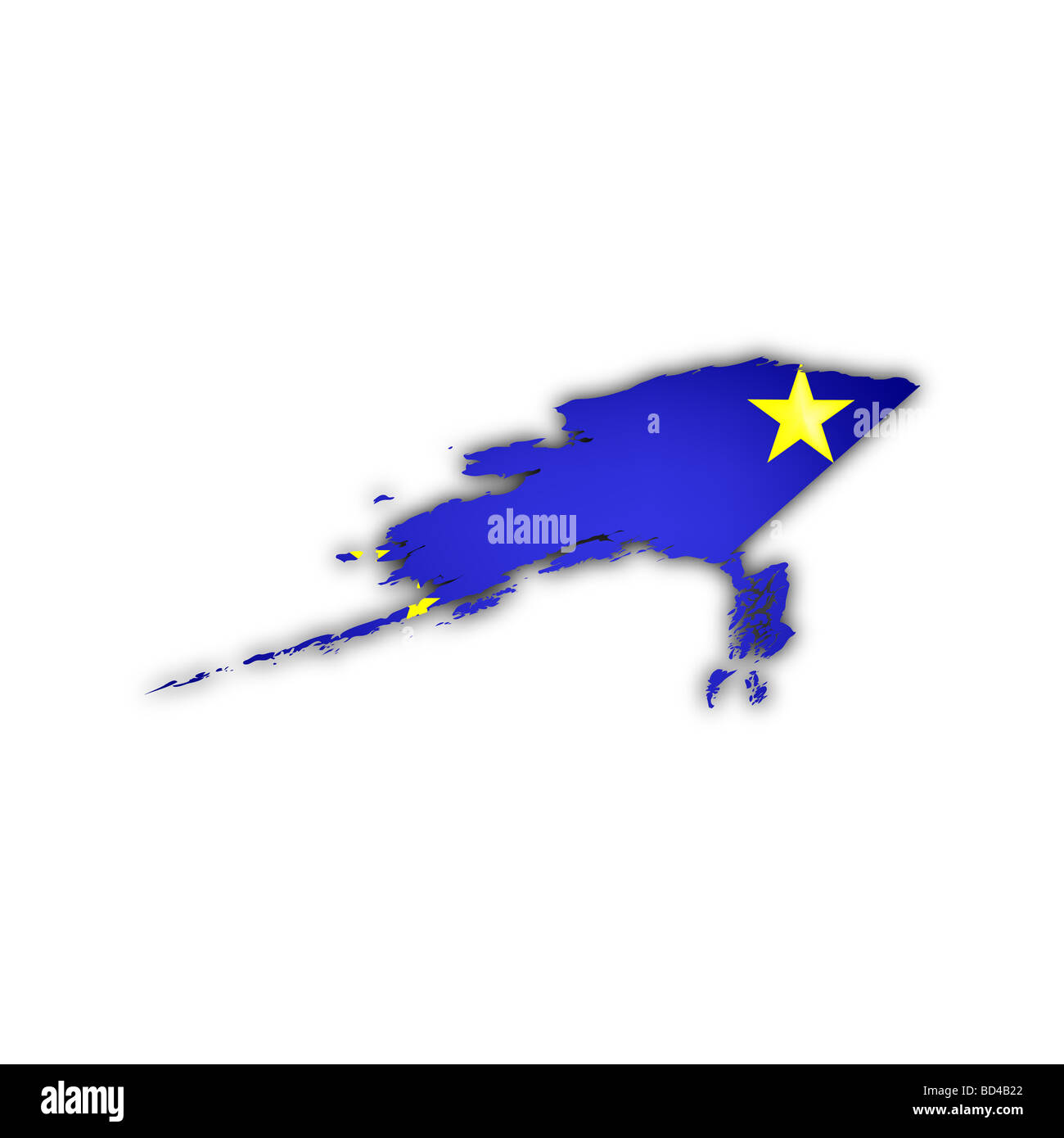 Karte und Flagge von Alaska mit Schatten auf weißem Hintergrund Stockfoto