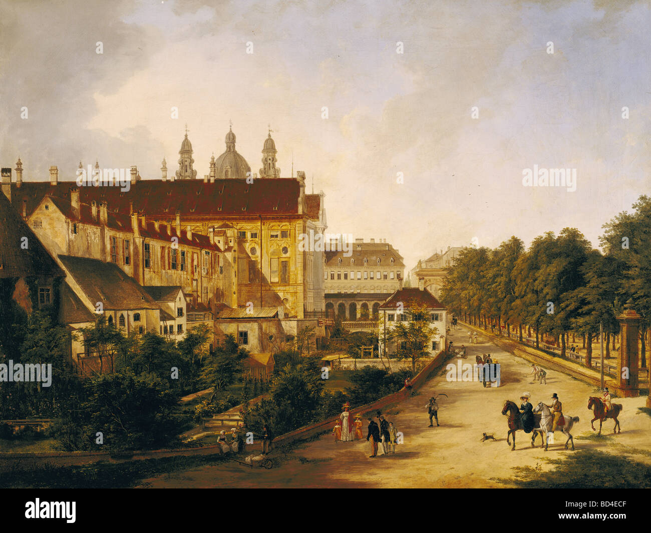 Bildende Kunst, Quaglio, Domenico (1786 – 1837), Nordfront des Münchner Residenz, Öl auf Leinwand, Pferd, Reiter, Romantik 1828, Stockfoto