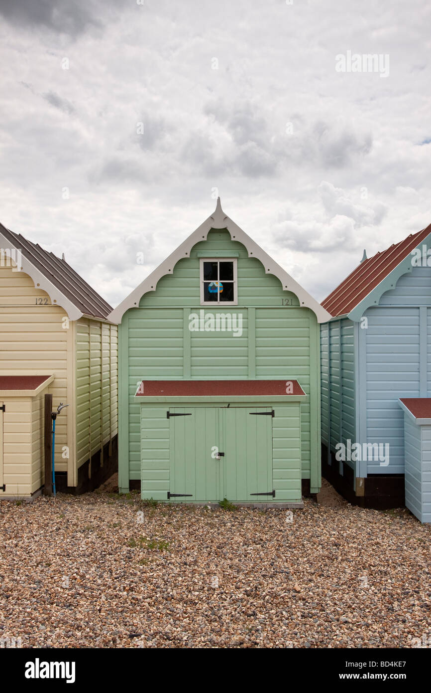 Rückseite des lindgrün Strand Hütte, Mersea Island, Essex, UK Stockfoto