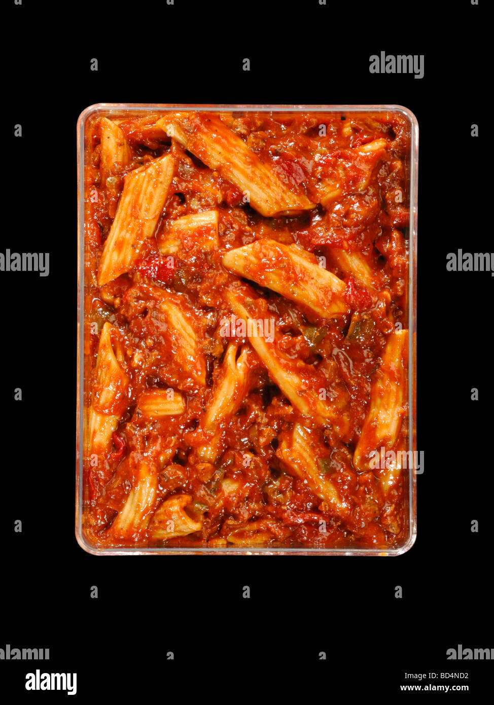 Ein Kunststoffbehälter mit militärischen Lebensmittel rationiert, Pasta mit Fleischsauce Stockfoto