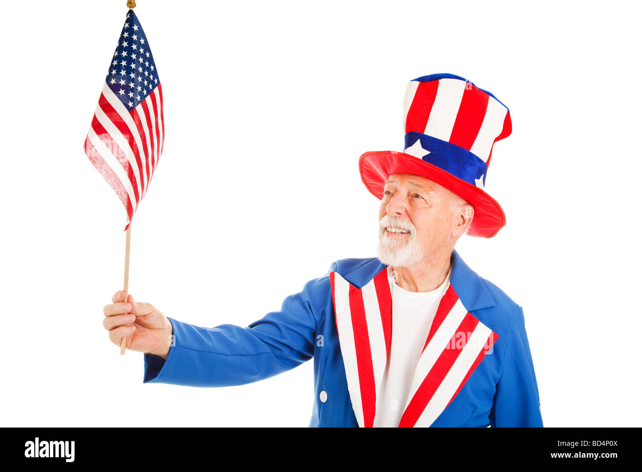 Amerikanische Ikone schaut Uncle Sam ein uns Flagge isoliert auf weiß Stockfoto