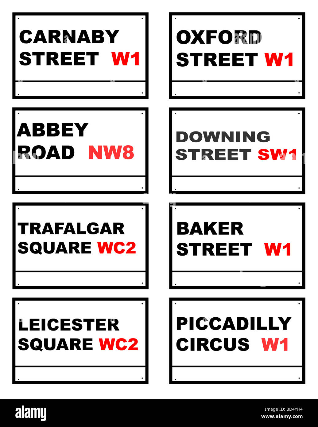 Satz von acht berühmten London Verkehrszeichen isoliert auf weißem Hintergrund Stockfoto