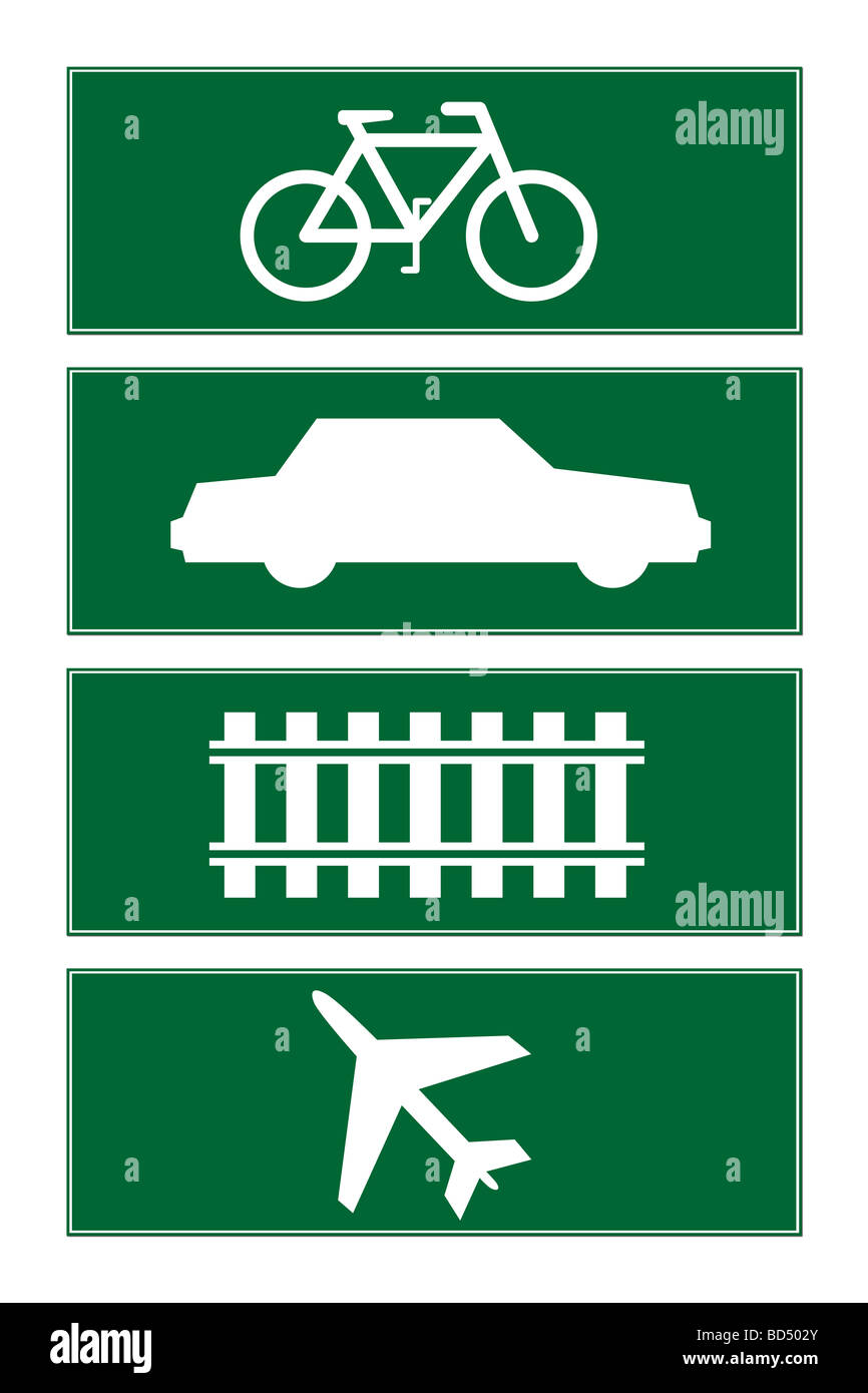 Satz von vier Transport Symbol Verkehrszeichen isoliert auf weißem Hintergrund Stockfoto