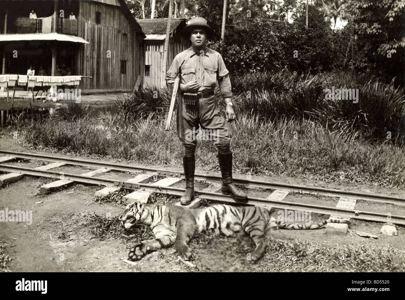 Sultan von Johor posiert mit toten Tiger Stockfoto