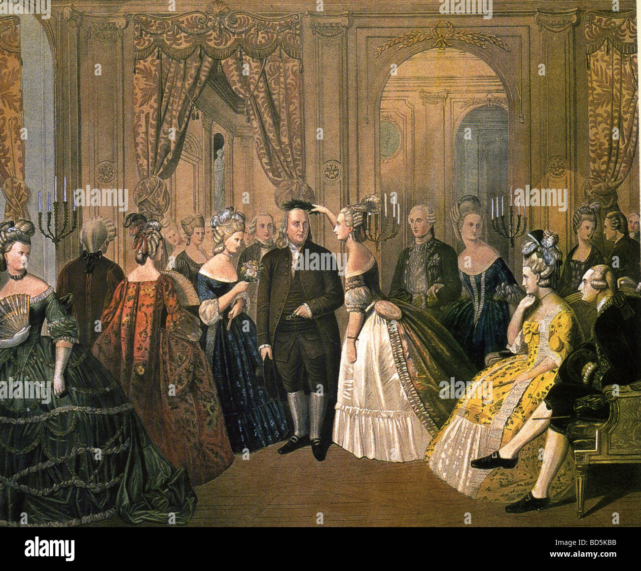 BENJAMIN FRANKLIN idolised durch französischen Hof nach der Unterzeichnung des Vertrags der Allianz im Jahr 1776. Marie Antoinette sitzt auf der rechten Seite Stockfoto
