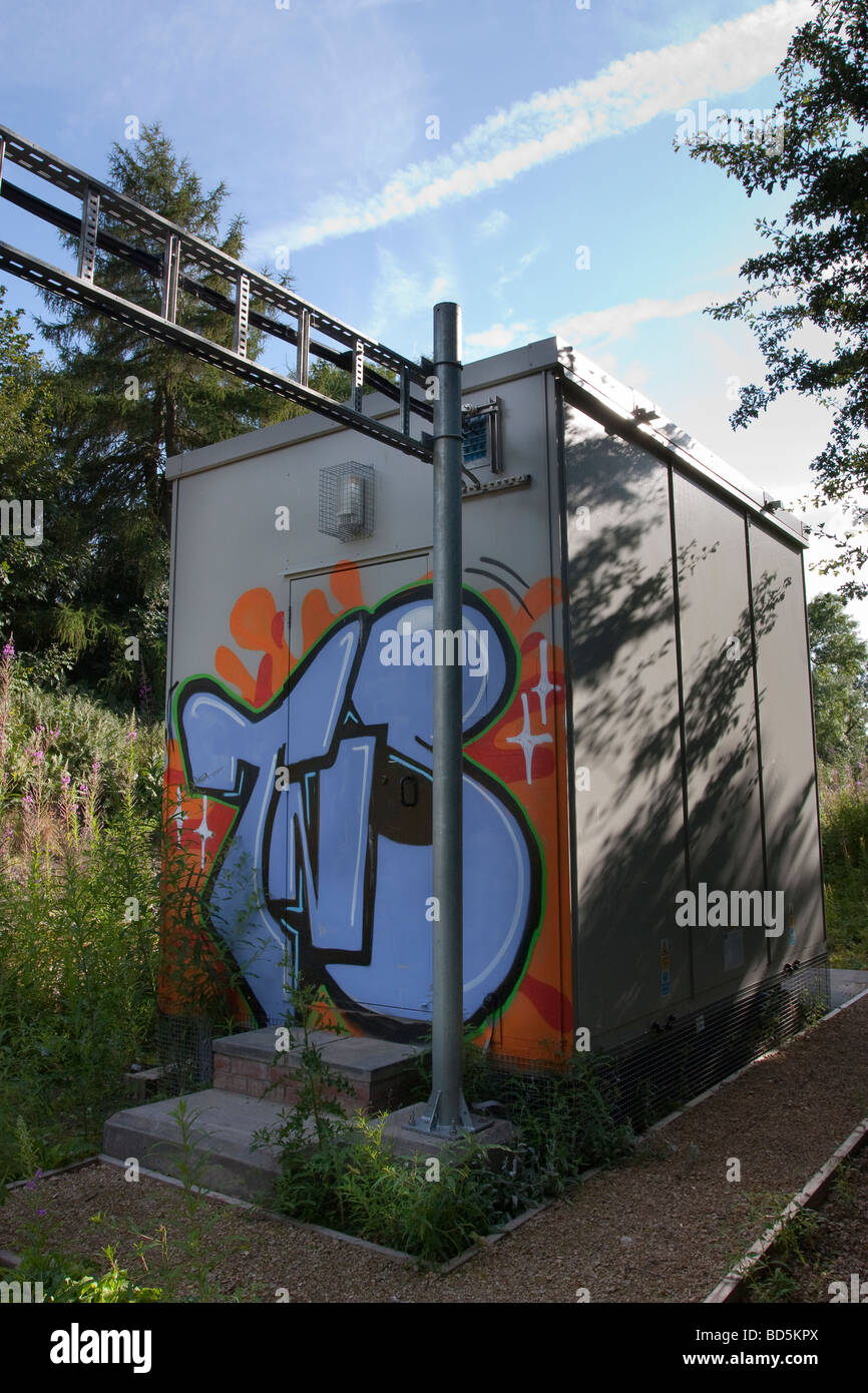 Graffiti bedeckt Gebäude neben Handy-Mast in ländlichen, waldreichen Umgebung Stockfoto