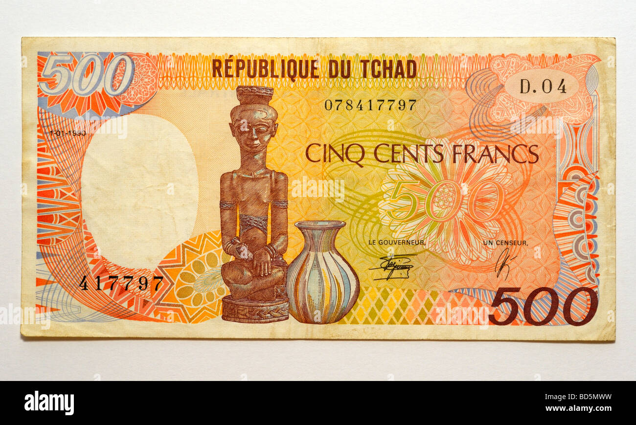 Republik Tschad 500 fünf hundert Franken Banknote.  Zentralafrikanische Staaten. République du Tchad Stockfoto