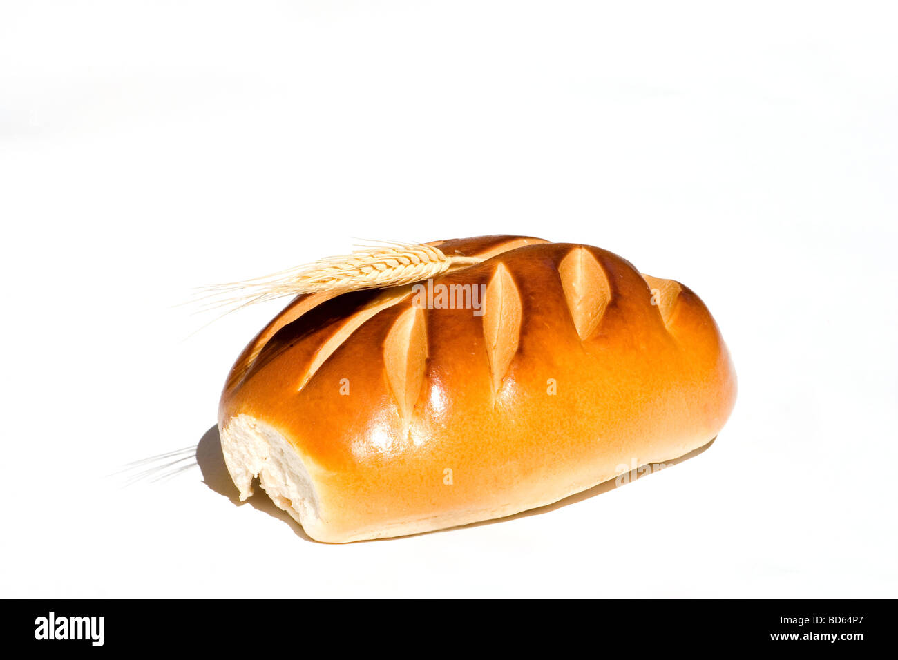 Nahaufnahme von einem Laib Brot und ein Weizen Stengel auf weißem Hintergrund Stockfoto