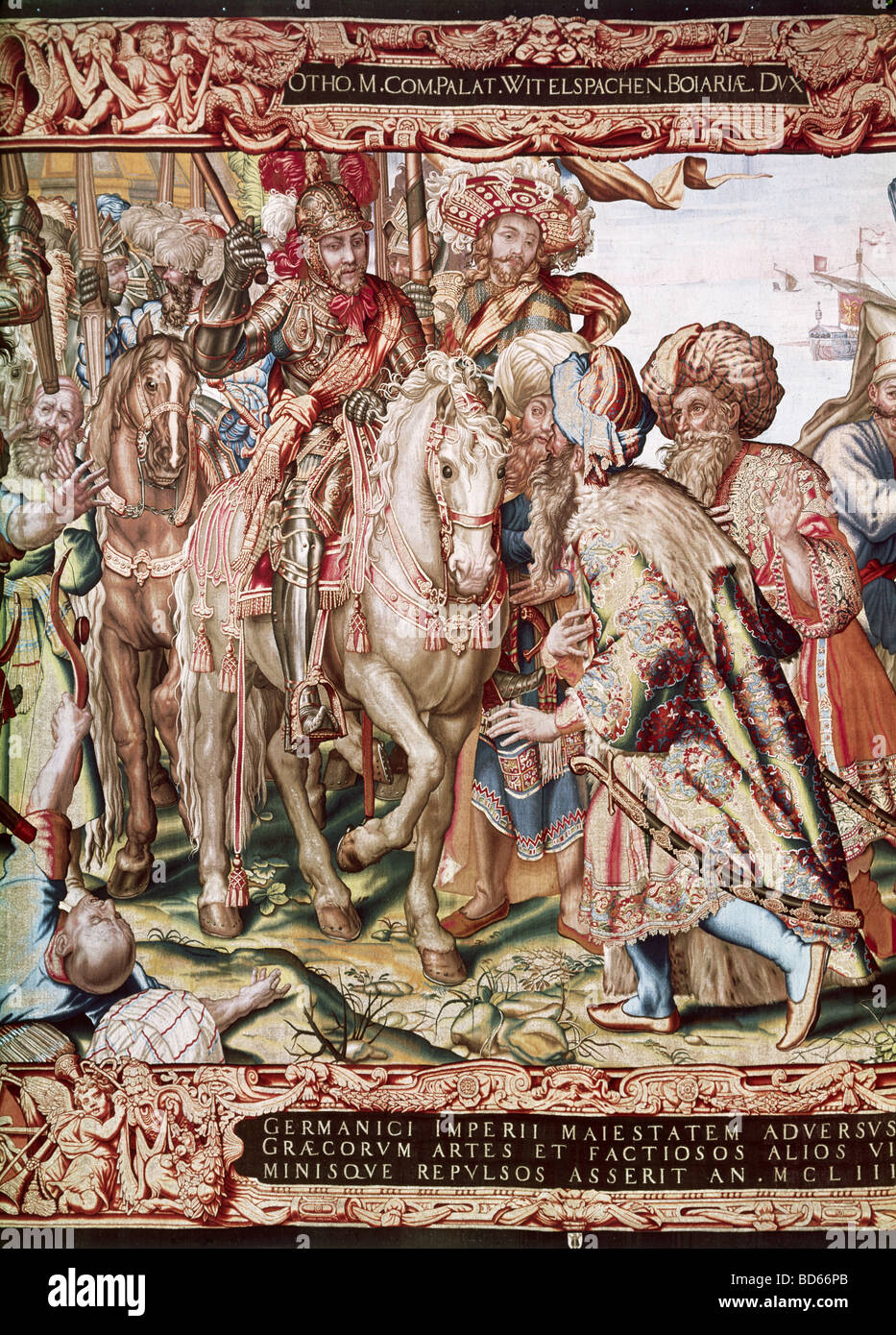 Otto I., ca. 1117 - 11.6.1183, Herzog von Bayern 1180 - 1183, Szene, Empfang von griechischen Gesandten, Wandteppich (Detail), ca. 16. Jahrhundert, Münchner Residenz, Stockfoto