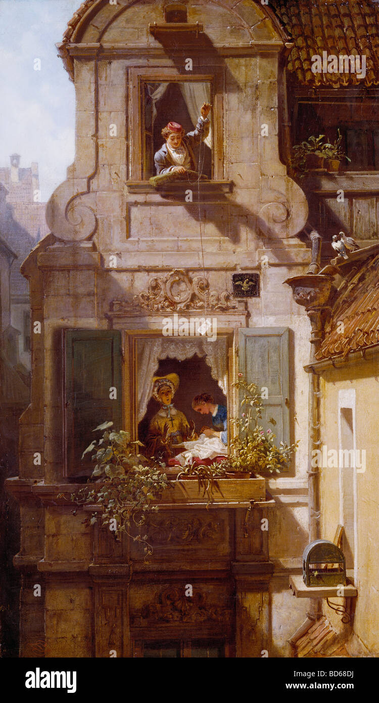 Bildende Kunst, Spitzweg, Carl (1808 – 1885), Malerei, "Der Abgefangene Geburtstagskalender" (The abgefangen Love Letter), Öl auf Leinwand Stockfoto