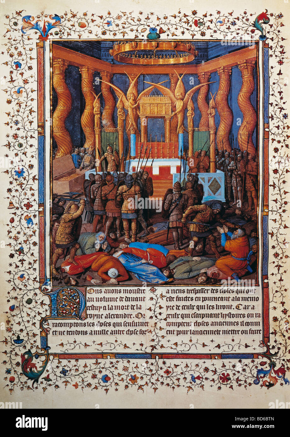Bildende Kunst, Mittelalter, Miniatur, Plünderung des Tempels von Jerusalm durch Pompeius "der Große", 63 v. Chr., "Jüdischen Altertümer" von Flavius Josephus, Miniatur von Jean Fouquet, 15. Jahrhundert, Biblioteque Nationale, Paris,, Artist's Urheberrecht nicht gelöscht werden Stockfoto