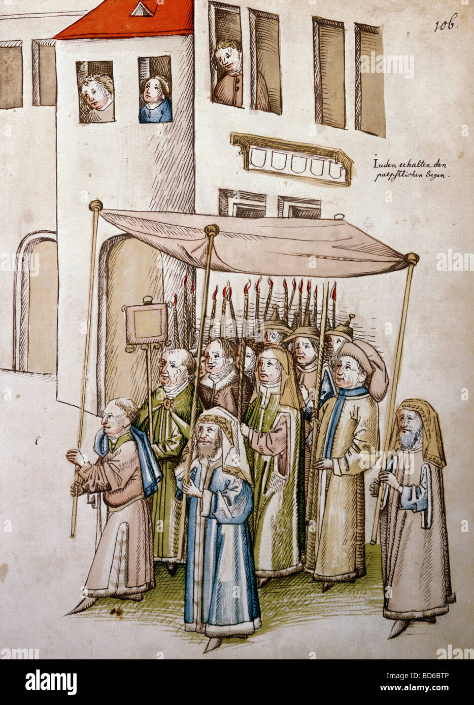 Bildende Kunst, Mittelalter, Miniatur, Konzil von Konstanz, 1414-1418, die Juden, die die Päpstlichen Segen, Chronik von Ulrich von Richenthal, 15. Jahrhundert, Rosgartenmuseum, Konstanz,, Artist's Urheberrecht nicht gelöscht werden Stockfoto