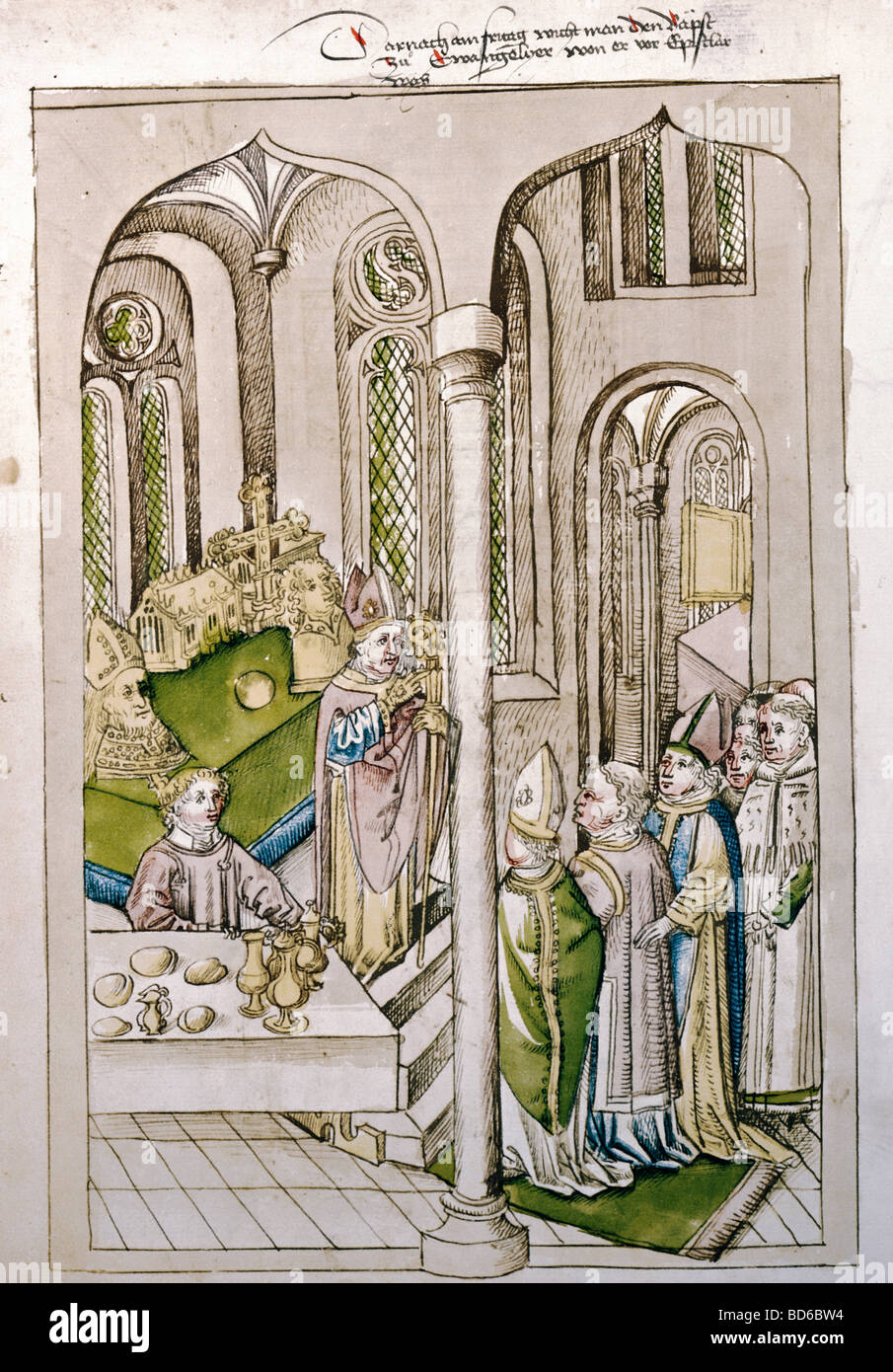 Bildende Kunst, Mittelalter, Miniatur, Konzil von Konstanz, 1414-1418, Ordination von Oddo di Colonna, Chronik von Ulrich von Richenthal, 15. Jahrhundert, Rosgartenmuseum, Konstanz,, Artist's Urheberrecht nicht gelöscht werden Stockfoto