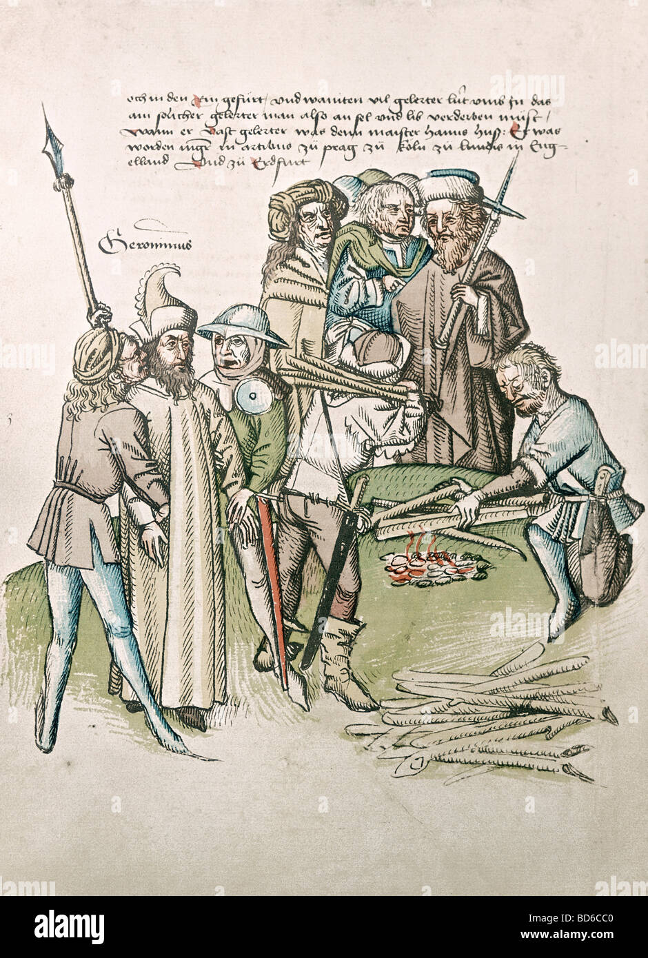 Bildende Kunst, Mittelalter, Miniatur, Konzil von Konstanz, 1414-1418, das Brennen des Hieronymus von Prag, die Chronik von Ulrich von Richenthal, 15. Jahrhundert, Rosgartenmuseum, Konstanz,, Artist's Urheberrecht nicht gelöscht werden Stockfoto
