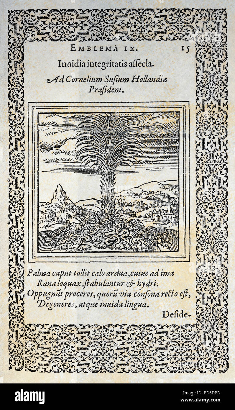 Jonghe, Adrian de, 1511 - 16.6.1575, niederländischer Mediziner, Autor/Schriftsteller, Werke, "Emblemata medici", gedruckt von Christoph Plantin, Antwerpen, 1565, Seite, Privatsammlung, Stockfoto
