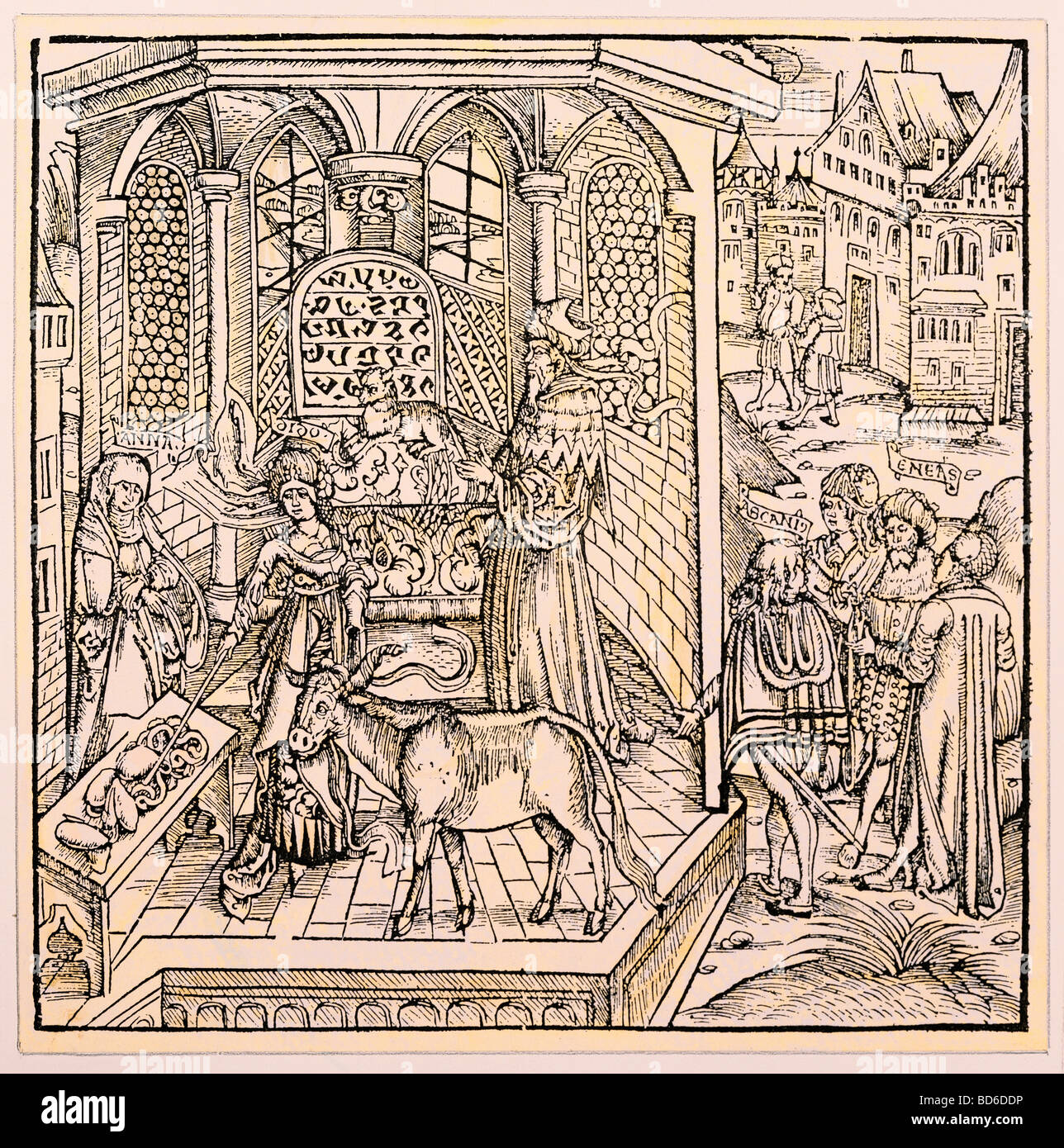 Virgil (Publius Vergilius Maro), 15.10.70 v. Chr. - 21.9.19 n. Chr., römischer Auhor/Schriftsteller, Werke, 'Aeneid', 29 - 19 v. Chr., 4. Buch, Illustration, Holzschnitt, Dido opfere den Göttern, herausgegeben von Hans Sachs, gedruckt von Johannes Grueninger, Straßburg, 1502, Privatsammlung, Stockfoto