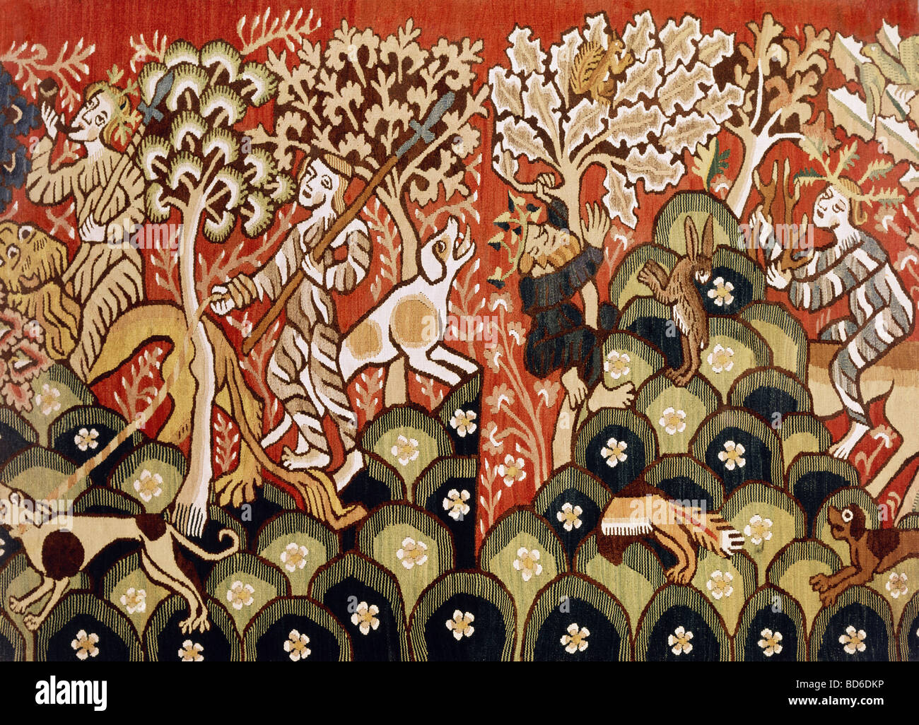 bildenden Künste, Gobelin, "Wilde Jagd", obere Rheinland, 15. Jahrhundert, Bayerisches Nationalmuseum, München, Jagd, Mittelalter, G Stockfoto