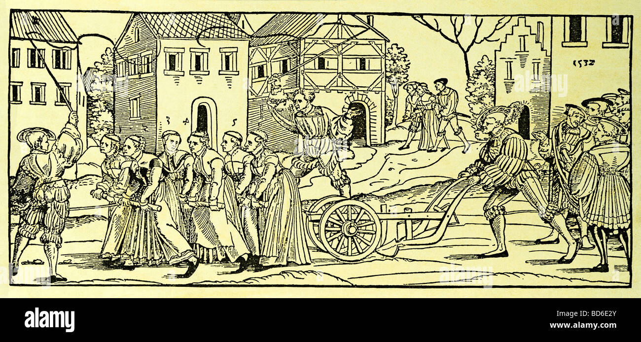 Tradition, Karneval, Jungfrauen ziehen Karre, Holzschnitt, Holbein-Atelier, Deutschland, 1532, Stockfoto