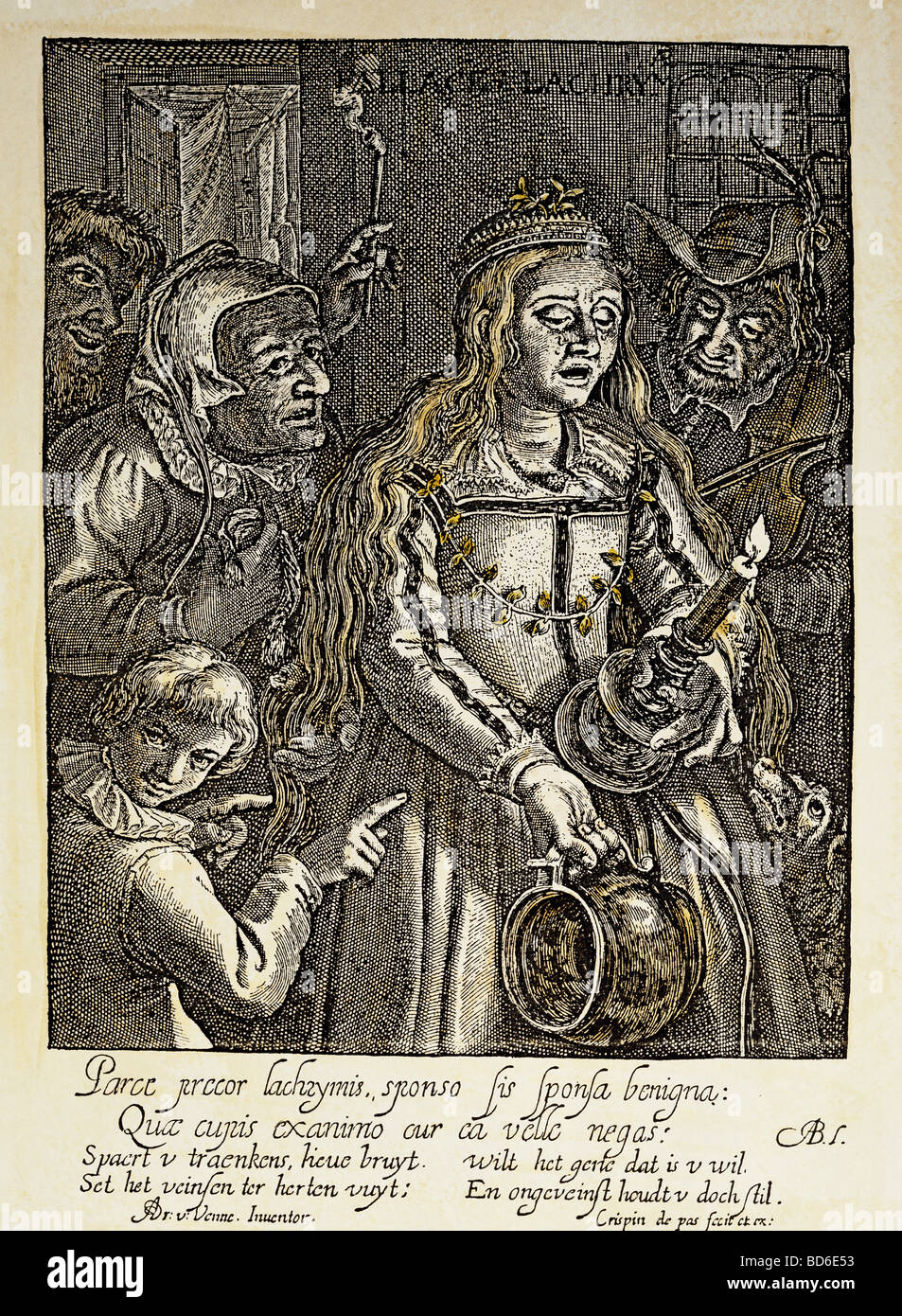 Menschen, Frauen, 16. - 18. Jahrhundert, Farmer's Braut weint, Kupferstich, farbig, von Crispin de Passe der Ältere (1564-1637), Holland, um 1600, Artist's Urheberrecht nicht gelöscht werden Stockfoto