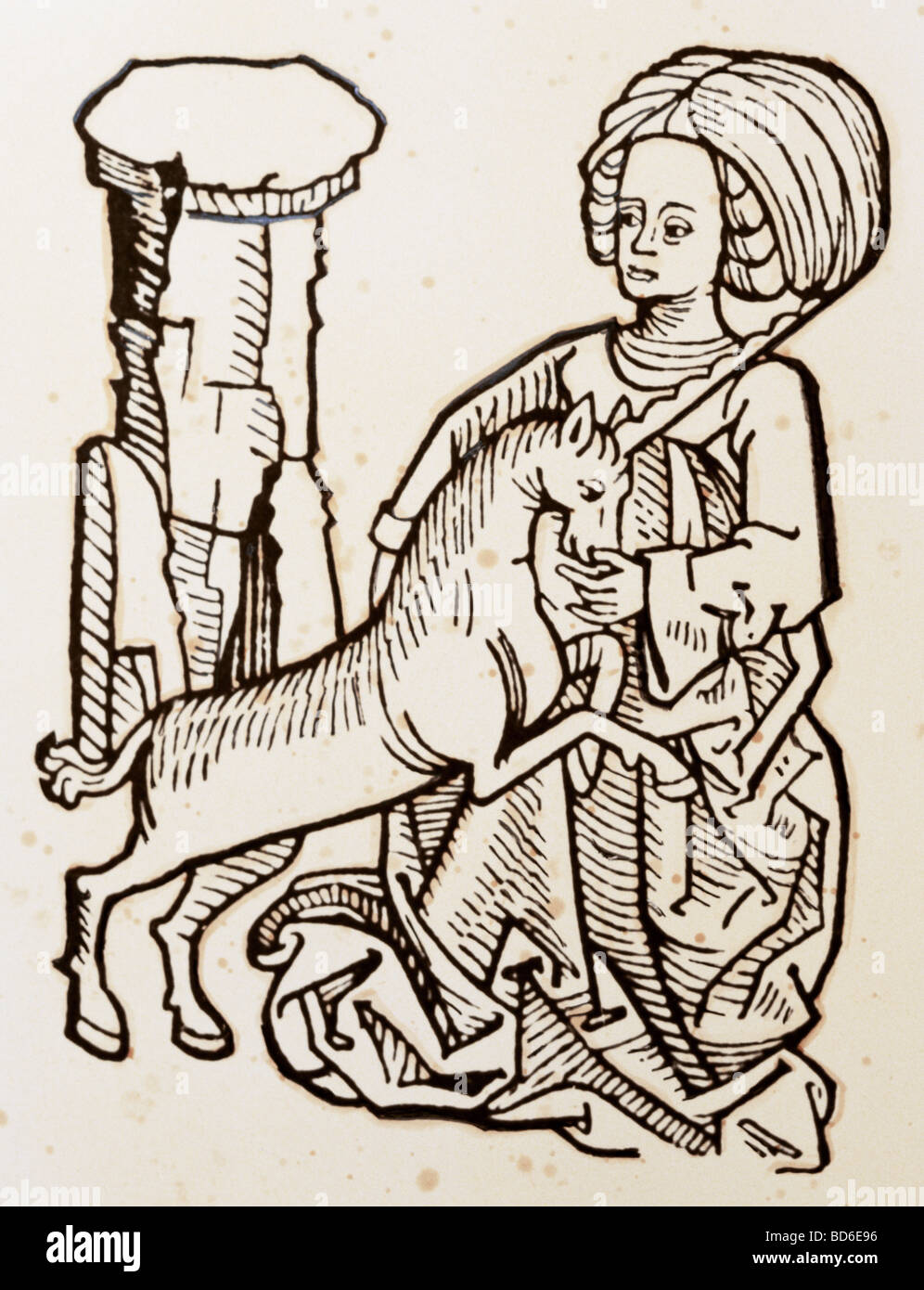 Medizin, Pharmazie, "Jungfrau mit dem Einhorn", Holzschnitt, aus "Ortus Sanitatis" (Der Garten der Gesundheit), von Jakob Meydenbach, Mainz, 1491, Privatsammlung, Stockfoto