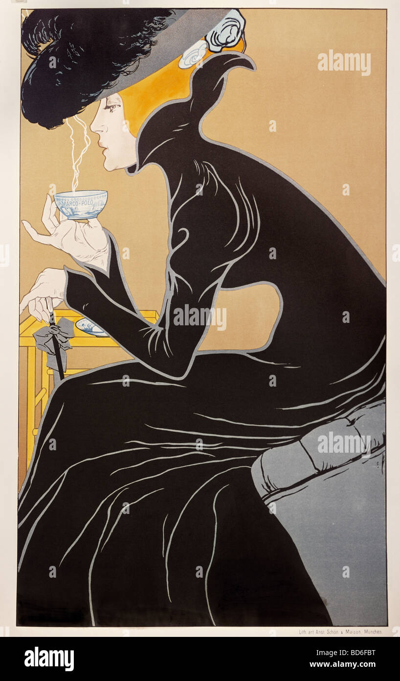 Bildende Kunst, Mucha, Alfons Maria, 24.7.1860 - 14.7.1939, Grafik, "Tee Trinkende Dame" (Tee-Dame), Werbung für M Stockfoto