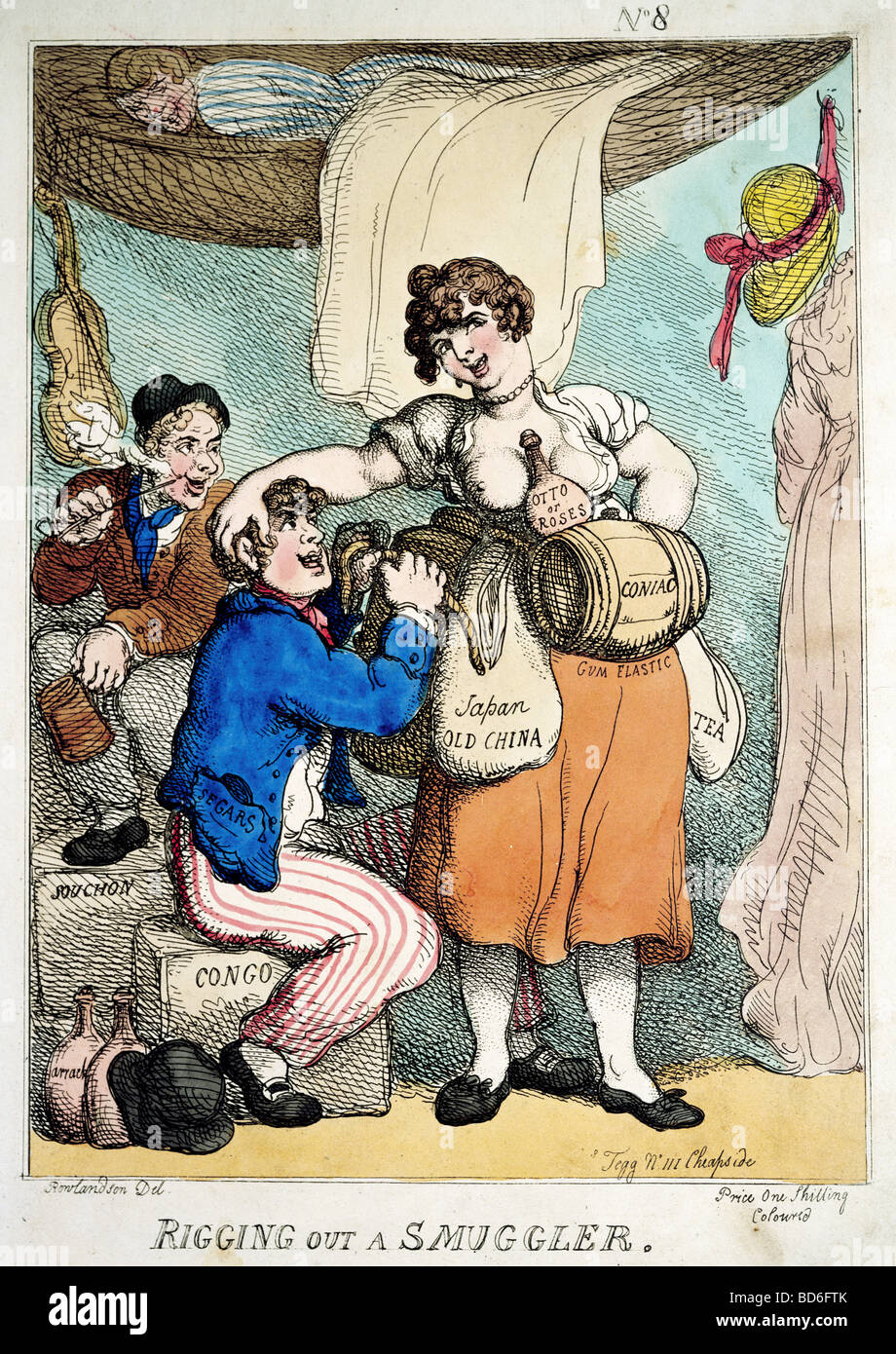 Bildende Kunst, Rowlandson, Thomas (1756-1827), Grafik, 'Rigging ein Schmuggler", Aquatinta, Th. Tegg, London, ca. 1810, Stadtmuseum, Munch, Artist's Urheberrecht nicht gelöscht werden Stockfoto
