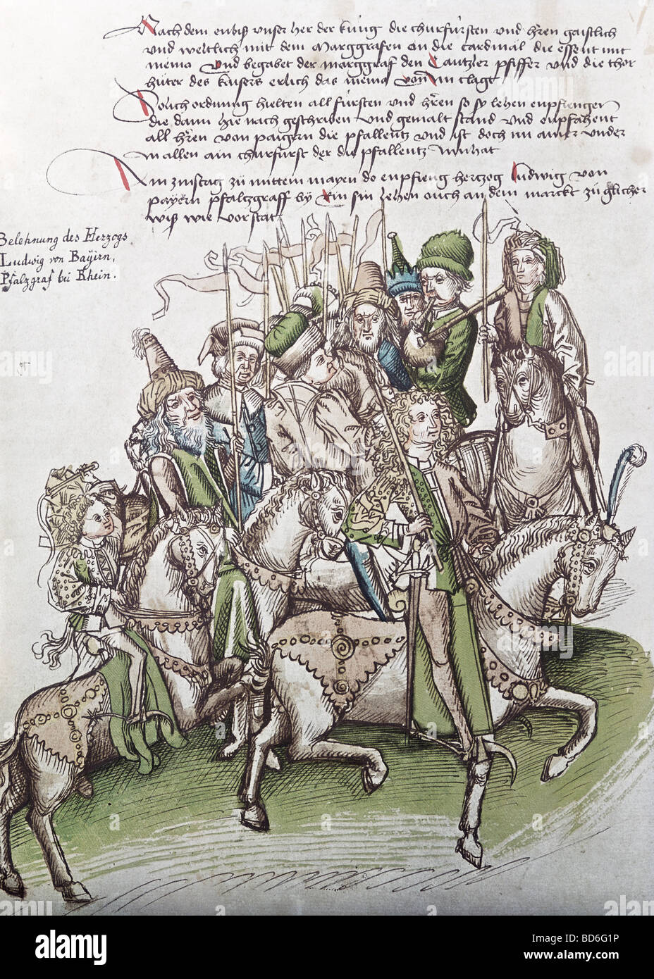 Bildende Kunst, Mittelalter, Miniatur, Konzil von Konstanz, 1414 - 1418, Herzog Ludwig von Bayern, die Wähler zu erhalten, Chronik von Ulrich von Richenthal, 15. Jahrhundert, Rosgartenmuseum, Konstanz,, Artist's Urheberrecht nicht gelöscht werden Stockfoto