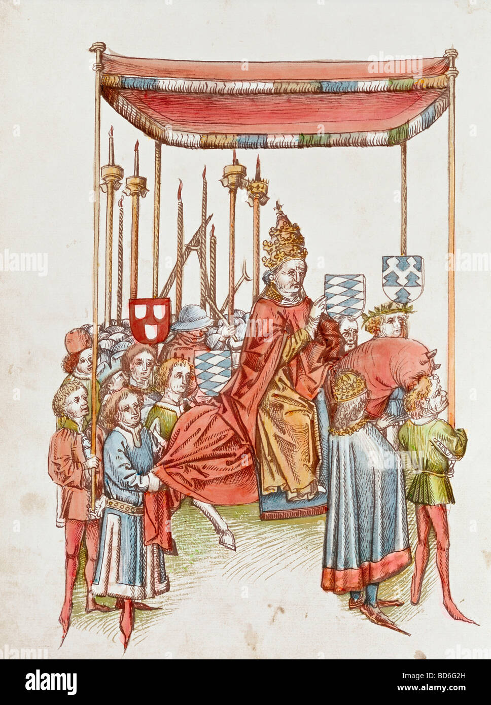 Bildende Kunst, Mittelalter, Miniatur, Konzil von Konstanz, 1414-1418 Papst Martin V. die Stadt betreten, König Sigismund führt das Pferd, 1417, Chronik von Ulrich von Richenthal, 15. Jahrhundert, Rosgartenmuseum, Konstanz,, Artist's Urheberrecht nicht gelöscht werden Stockfoto