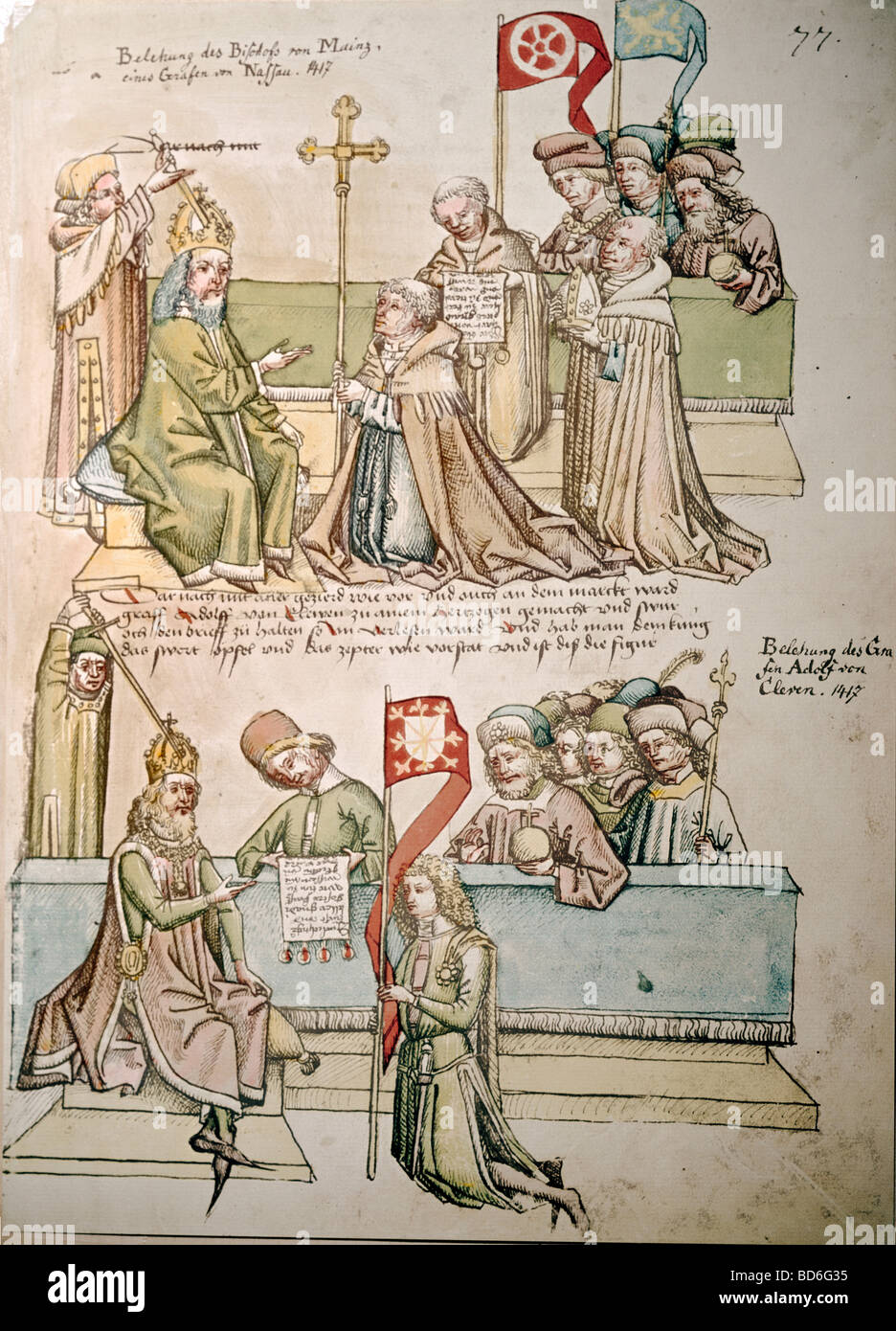 Bildende Kunst, Mittelalter, Miniatur, Konzil von Konstanz, 1414-1418, Einsetzung von Johann von Nassau an den Erzbischof von Mainz und des Grafen Adolf II. zum Herzog von Kleve, 1417, Chronik von Ulrich von Richenthal, 15. Jahrhundert, Rosgartenmuseum, Konstanz,, Artist's Urheberrecht nicht geklärt zu werden. Stockfoto