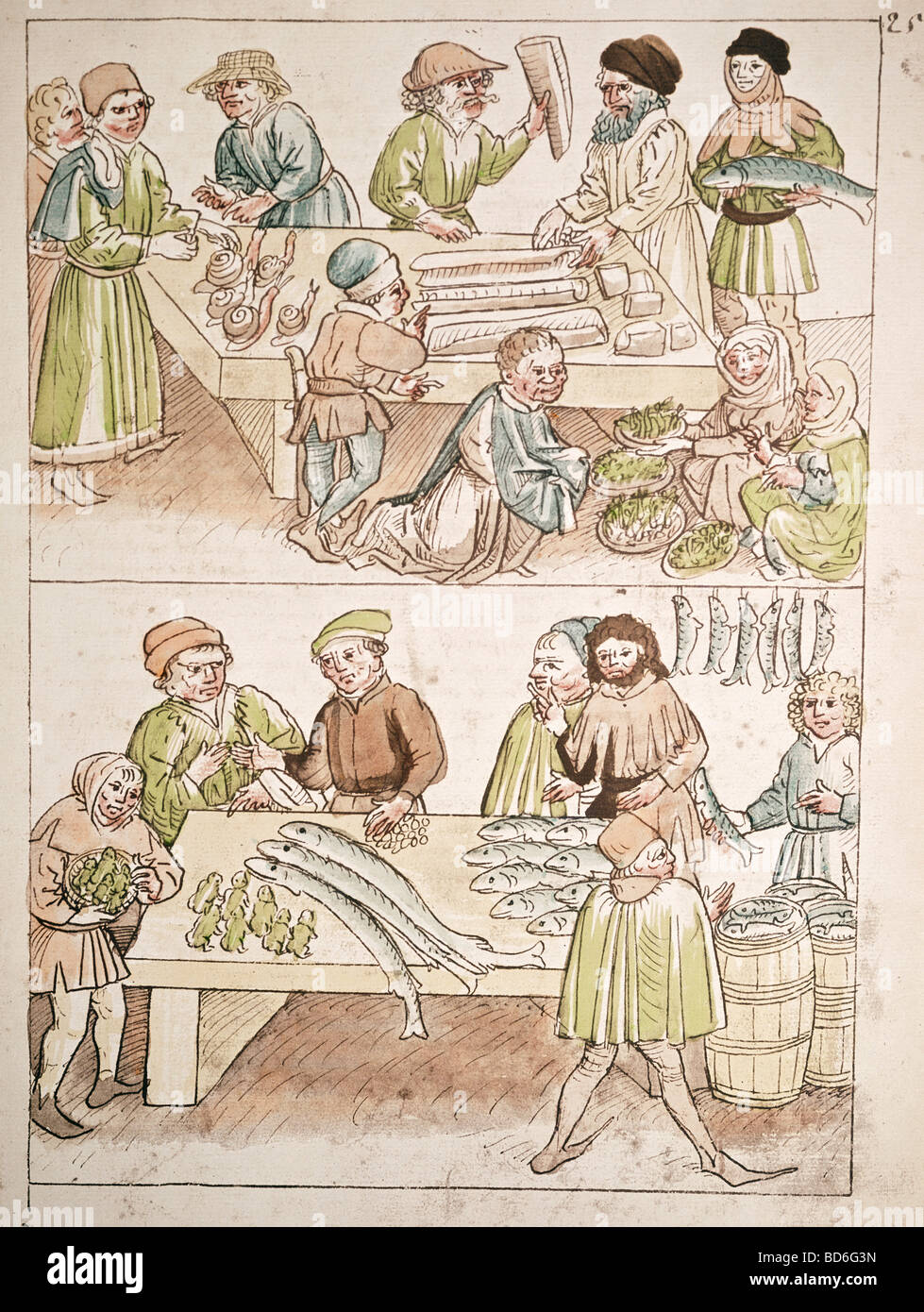 Bildende Kunst, Mittelalter, Miniatur, Konzil von Konstanz, 1414-1418, Fischmarkt, Chronik von Ulrich von Richenthal, 15. Jahrhundert, Rosgartenmuseum, Konstanz,, Artist's Urheberrecht nicht geklärt zu werden. Stockfoto