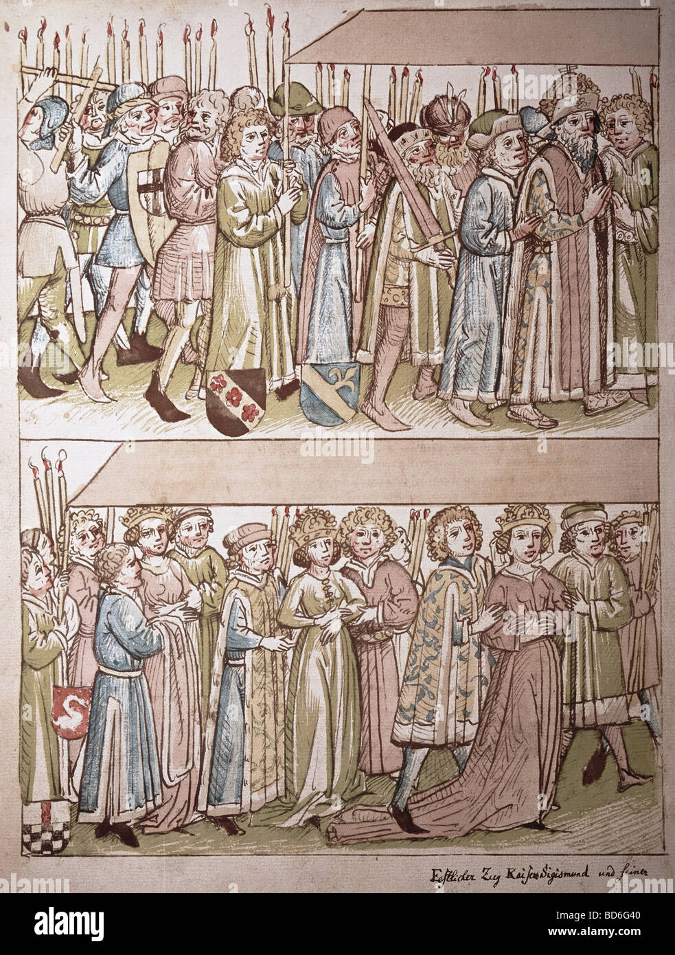 Bildende Kunst, Mittelalter, Miniatur, Konzil von Konstanz, 1414-1418, Prozession von König Sigismund das Münster, Chronik von Ulrich von Richenthal, 15. Jahrhundert, Rosgartenmuseum, Konstanz,, Artist's Urheberrecht nicht gelöscht werden Stockfoto