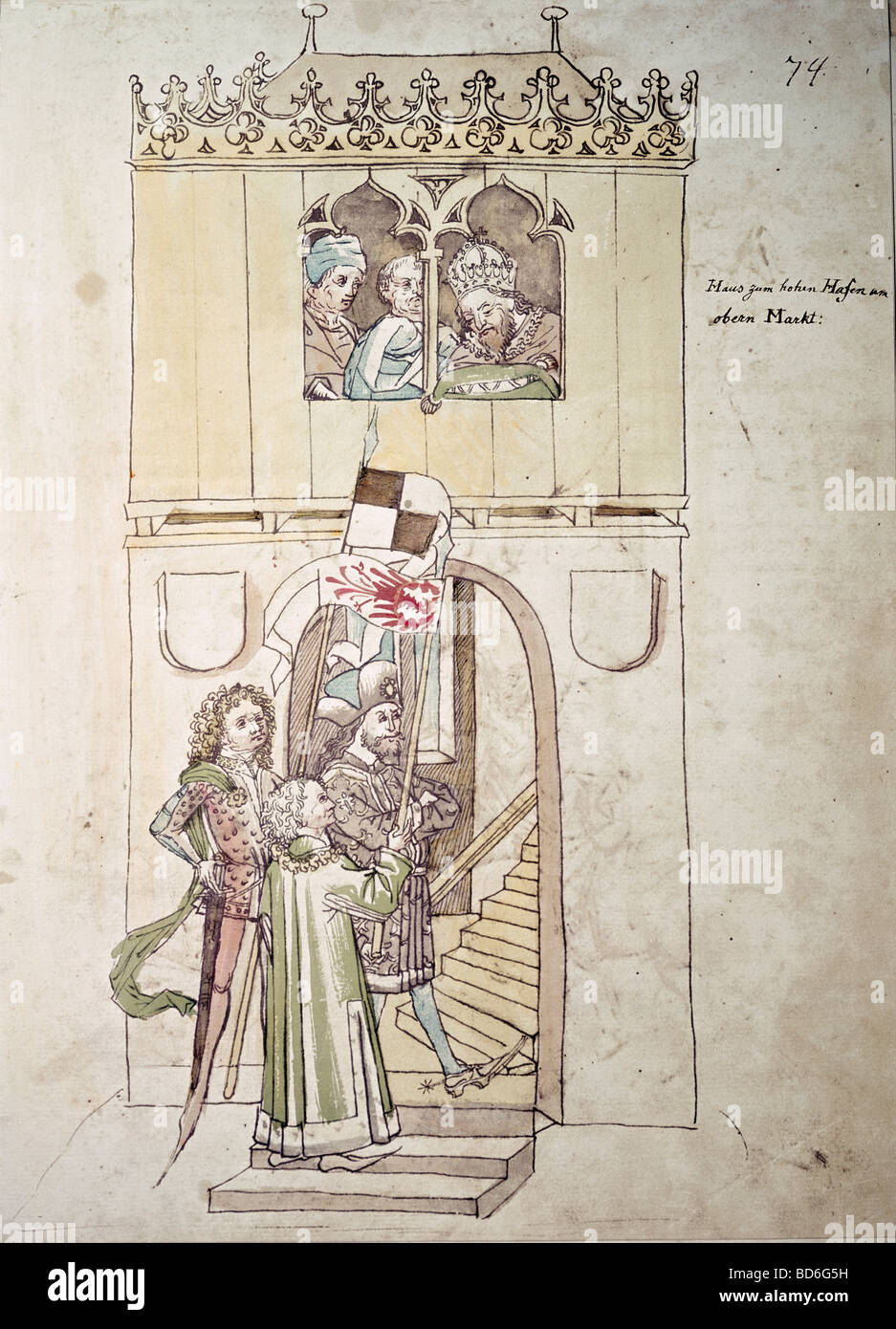 Bildende Kunst, Mittelalter, Miniatur, Konzil von Konstanz, 1414 - 1418 Graf Friedrich VI. von Nürnberg, König Sigismund am Fenster, 1416, Chronik von Ulrich von Richenthal, 15. Jahrhundert, Rosgartenmuseum, Konstanz,, Artist's Urheberrecht nicht gelöscht werden Stockfoto