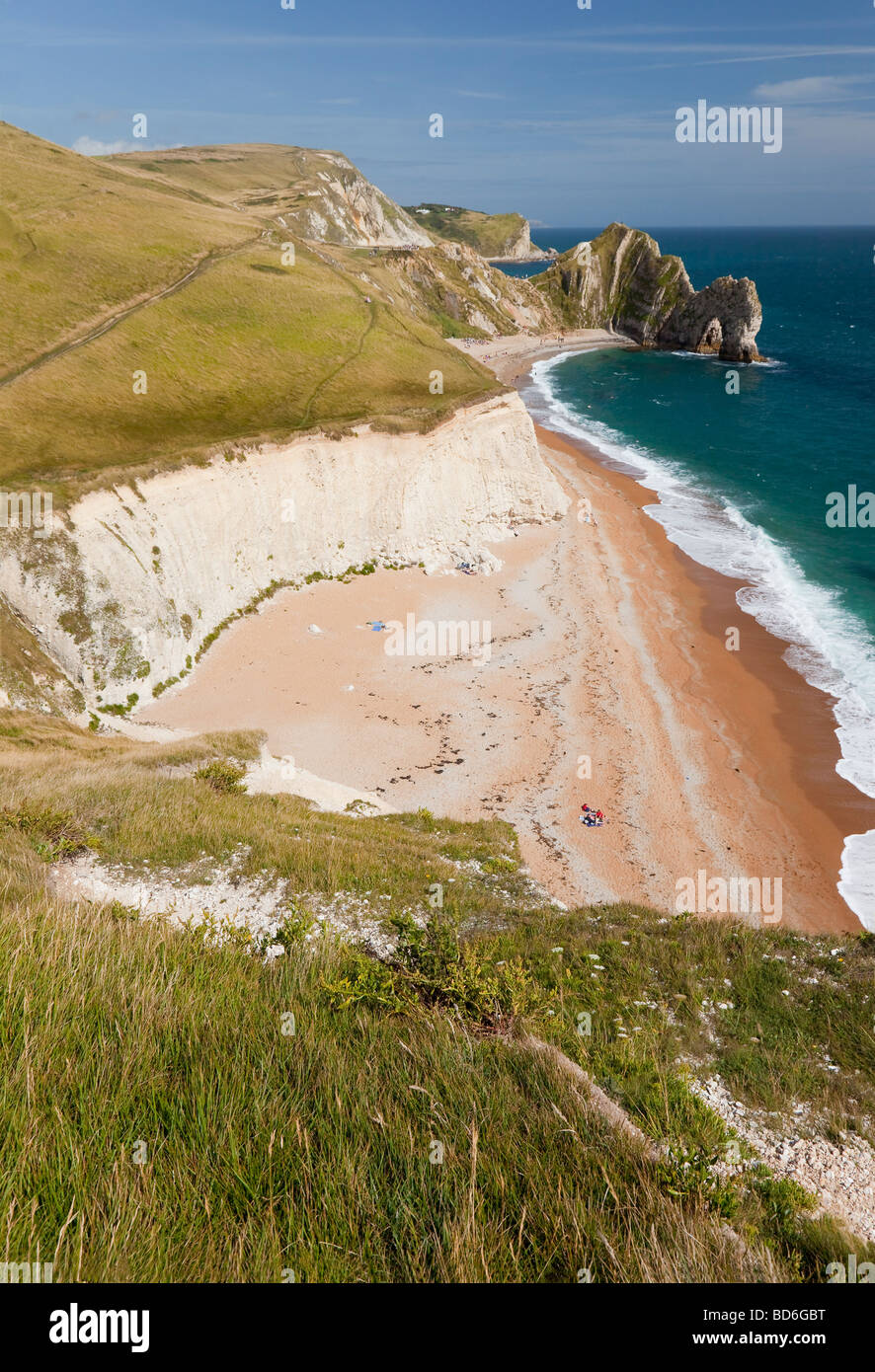 Von Cliff Tops Porträt des Sands und jurassic Küste betrachten Durdle Dor, Dorset, Urlaubsziel, Wanderparadies Stockfoto