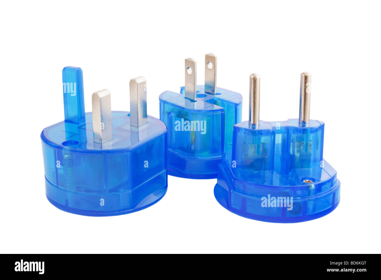 Blau transparent internationale Stecker, isoliert auf weißem Hintergrund Stockfoto