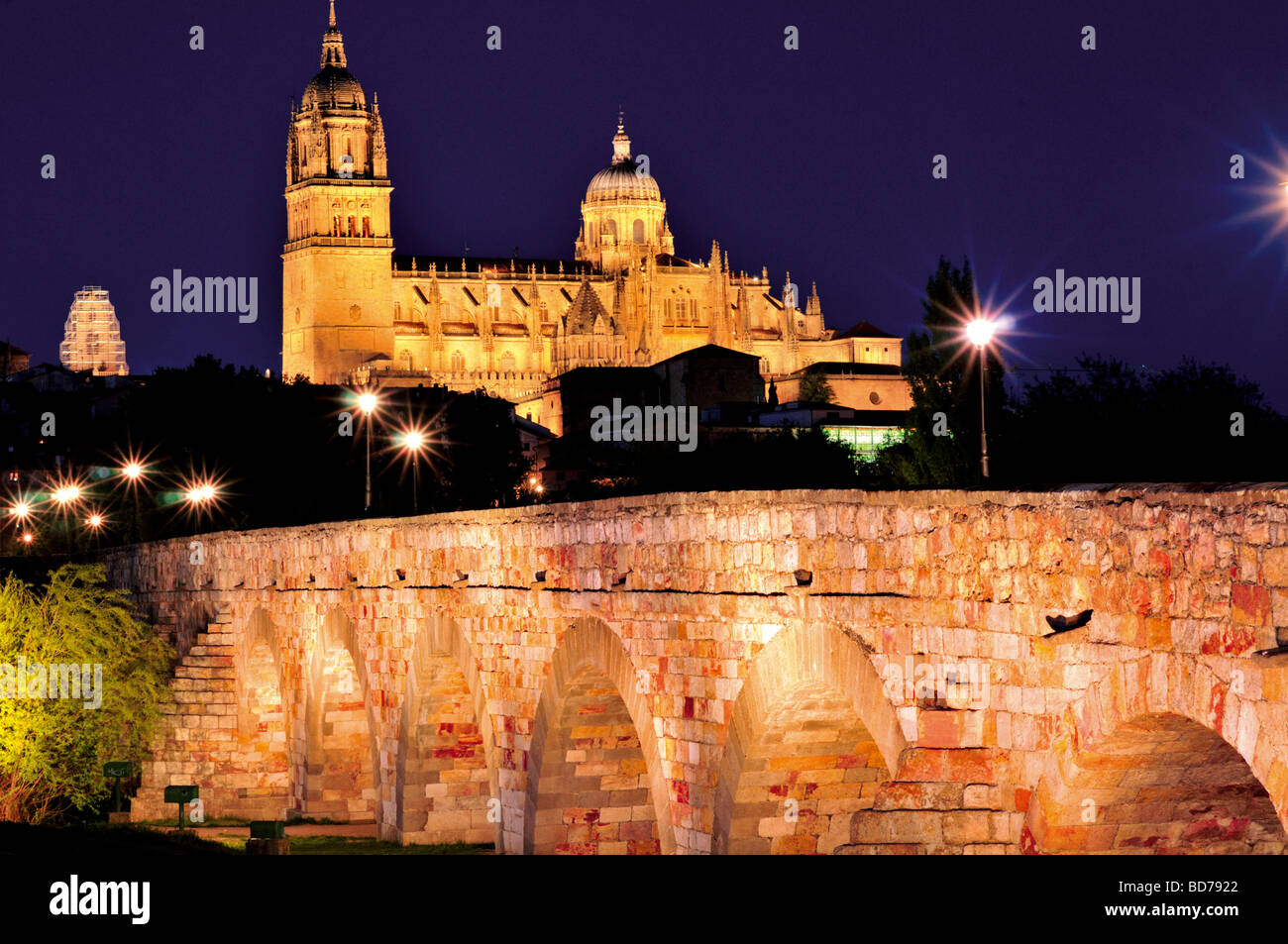 Spanien, Salamanca: Nächtlicher Blick auf die römische Brücke und die Kathedralen Stockfoto