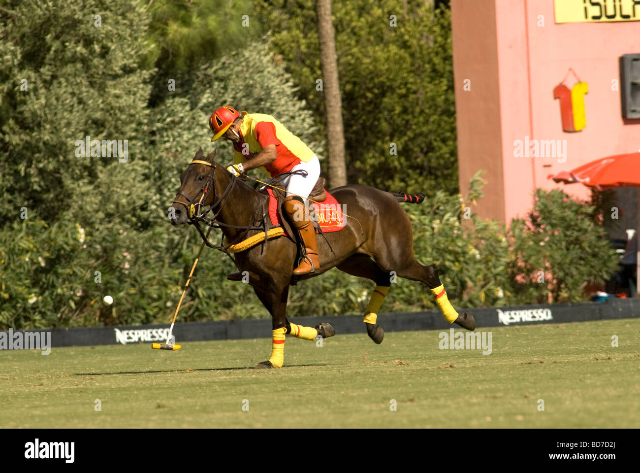 Polo-Spieler Ball zu schlagen, während Spiels im Santa Maria Poloclub in Sotogrande, Spanien Stockfoto