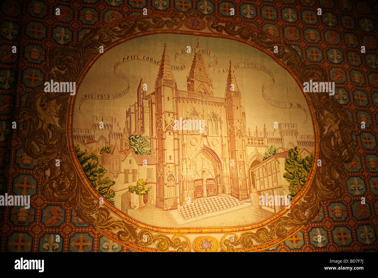 Wandteppich mit kirchlichen Bild im Inneren der Kirche Saint-Pierre in Avignon Provence Frankreich Europa Stockfoto