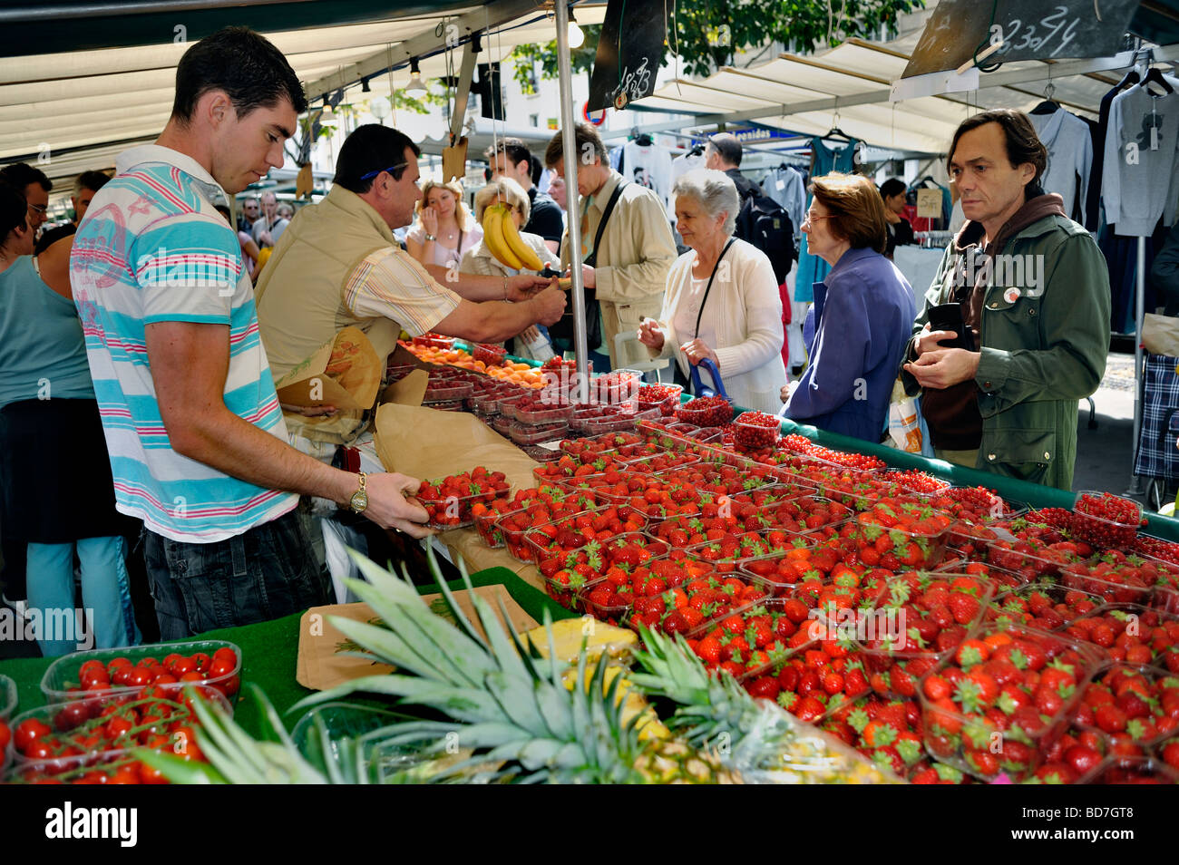 Paris Frankreich, Menschen, Shopping in außerhalb öffentlicher "Bauernmarkt" Stall, Display, Frischobst, Erdbeeren Stockfoto