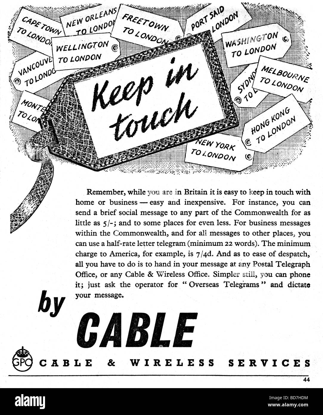 Cable & Wireless-Anzeige von 1951, in UK Stockfoto