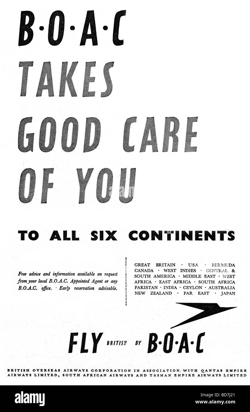 BOAC Luft Reisen Anzeige von 1951 Stockfoto